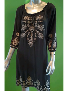 JOHNNY WAS- VTG Black w/Cream Embroidered Dress-Boho Chic Hippie Cotton Knit-MED